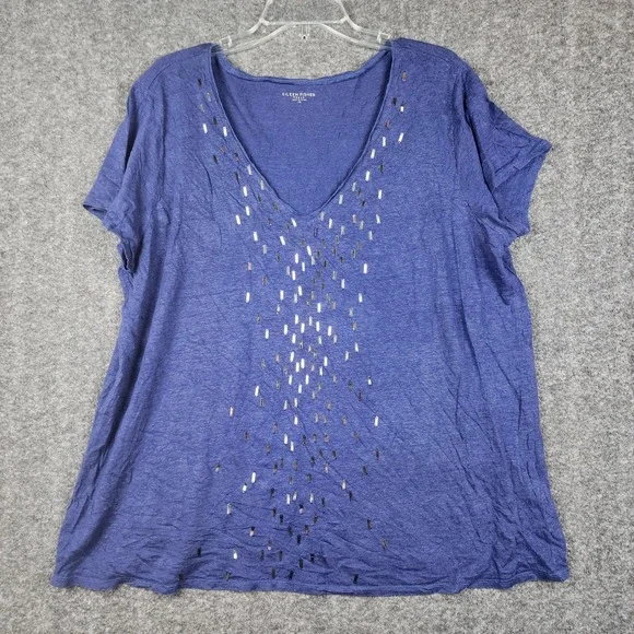Eileen Fisher Linen Top Woman 1X Blue V-Neck Sequin Embellished Short Sleeve - Picture 1 of 6